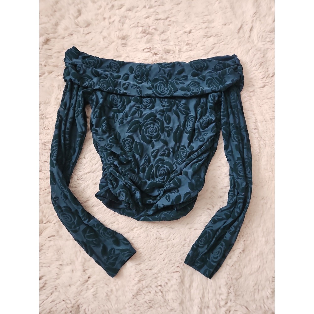 Wild Fable Burnout Velvet Rose Off Shoulder Top Teal Large Y2K Indie - Picture 11 of 12